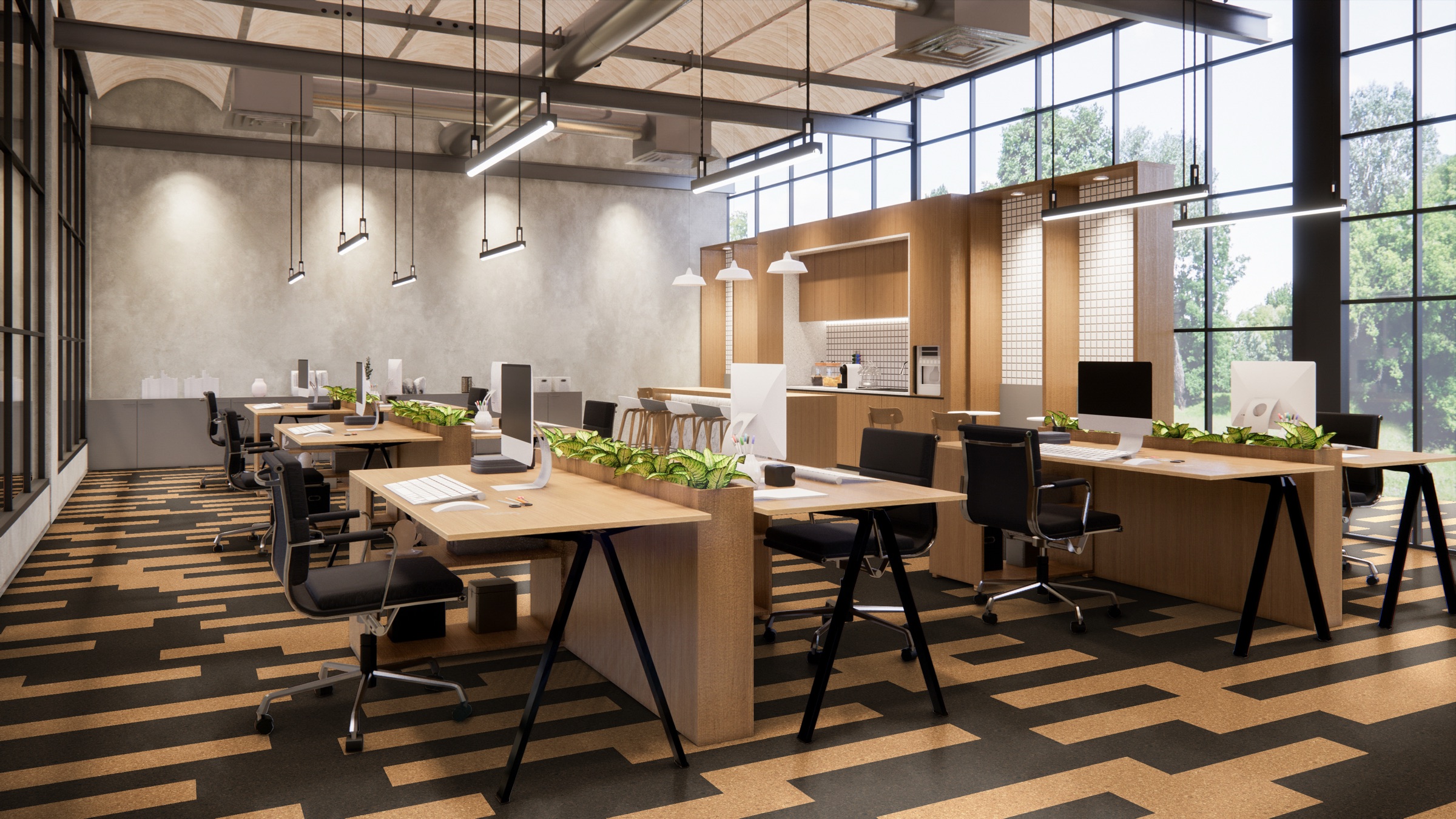 Praxis Cork Flooring in a corporate office environment. CT2001 Alder and CT2003 Ziricote