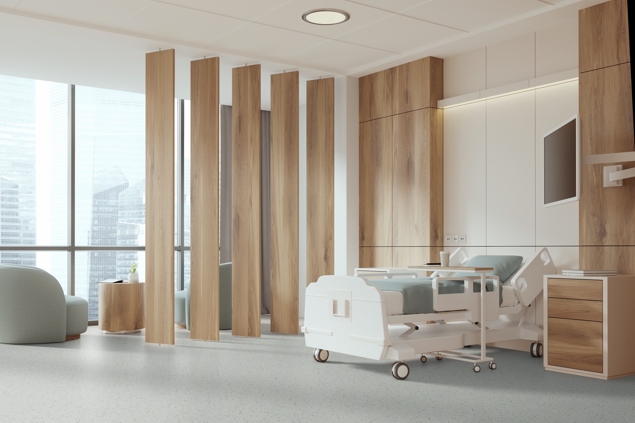 Sophros Nitria flooring shown in a hospital medical healthcare environment. SF5005 Chara
