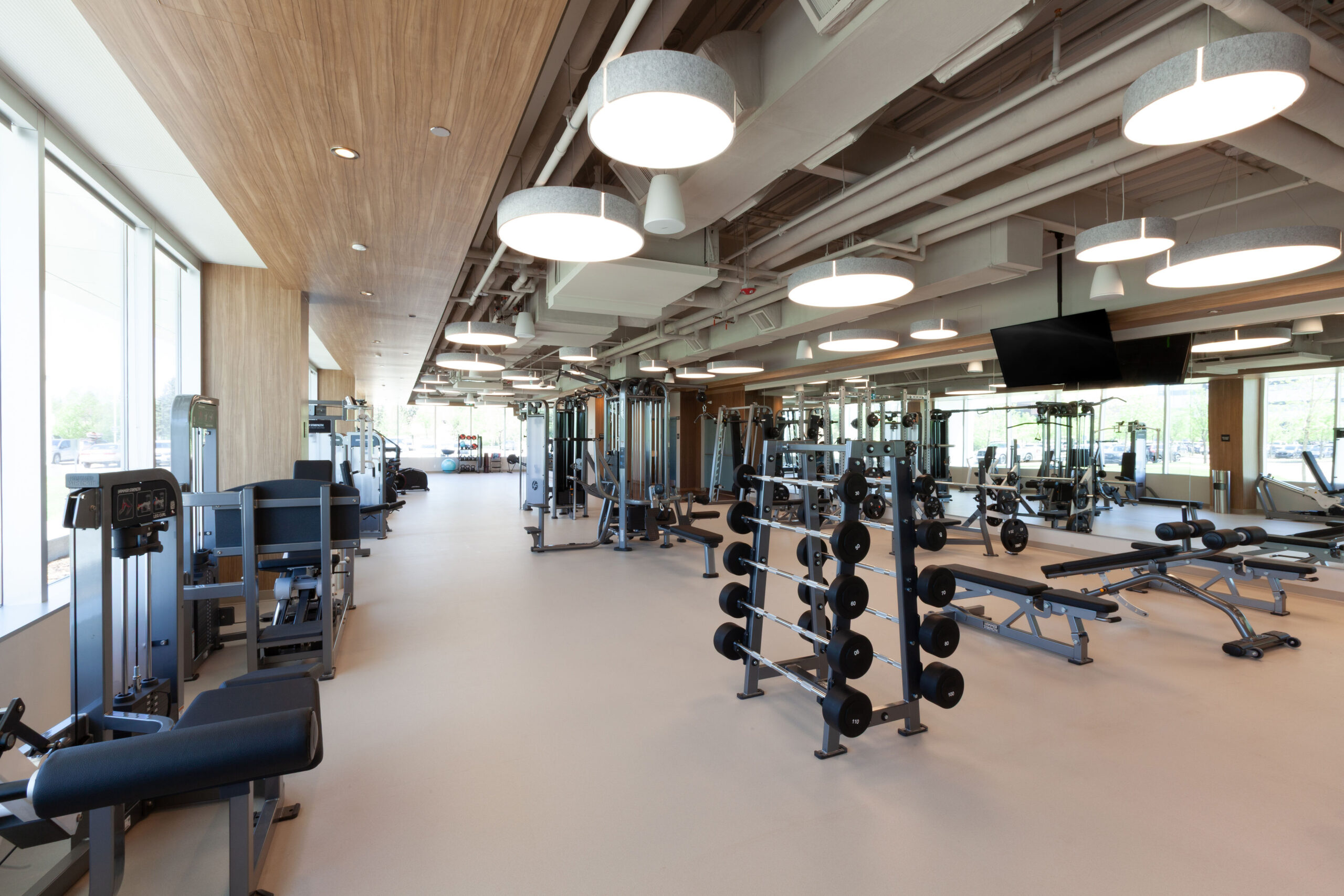 Nitria rubber flooring used in a gym for durability, underfoot comfort and help with acoustics.