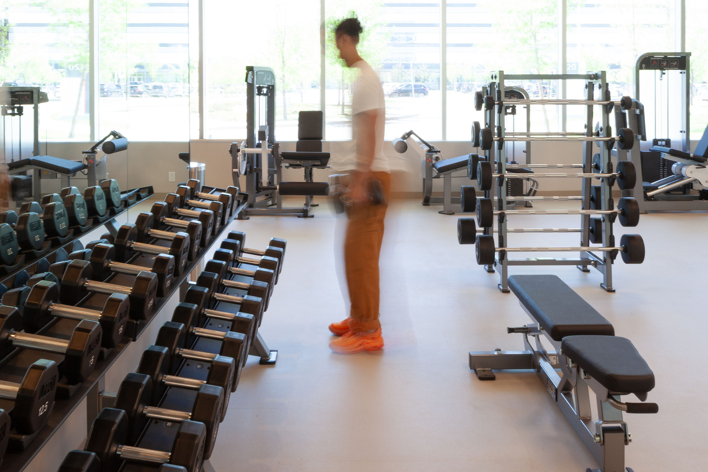 Nitria rubber flooring used in a gym for durability, underfoot comfort and help with acoustics.