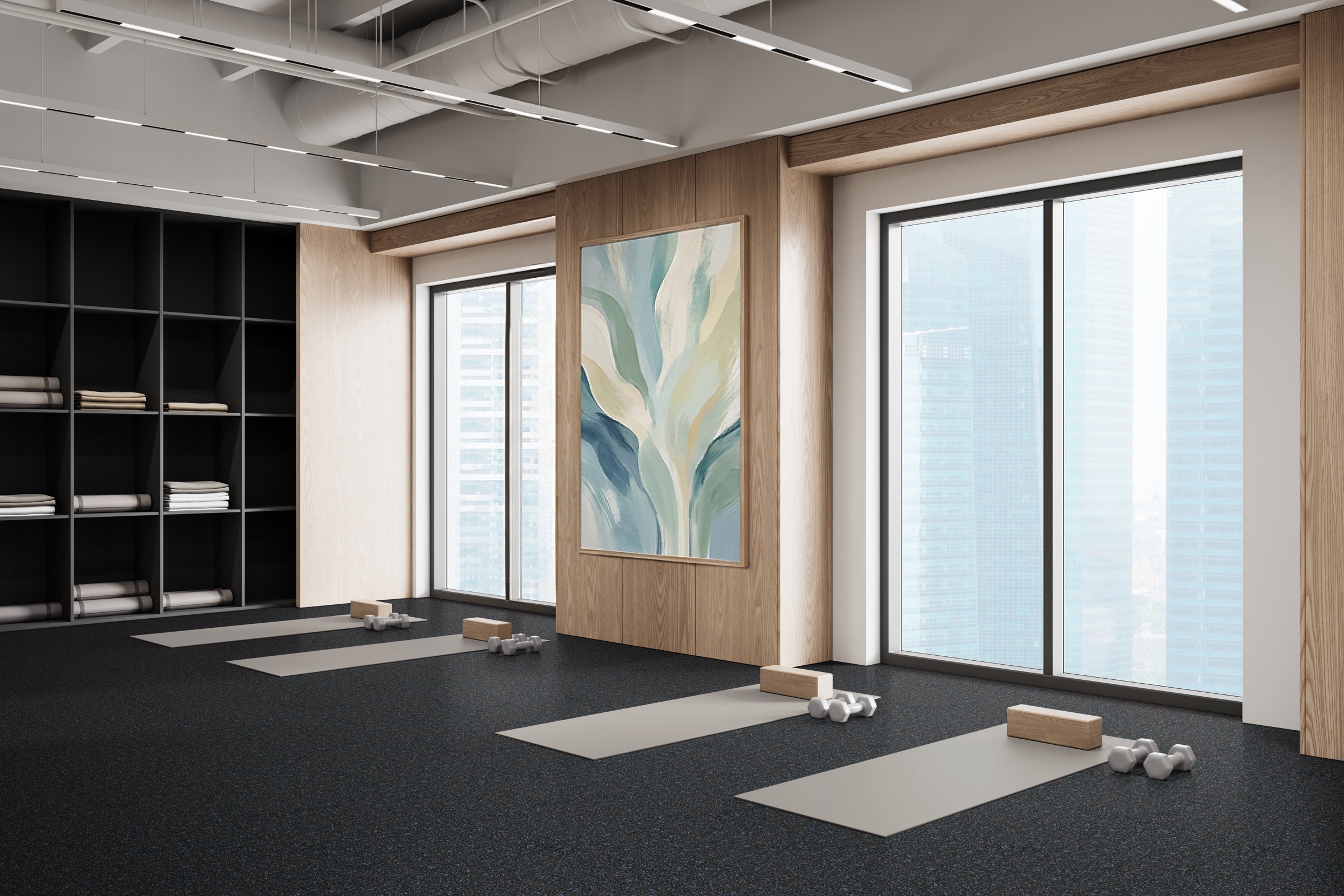Techne Recycled Rubber Flooring shown in a sport fitness workout yoga studio environment. TN3929 Gambit